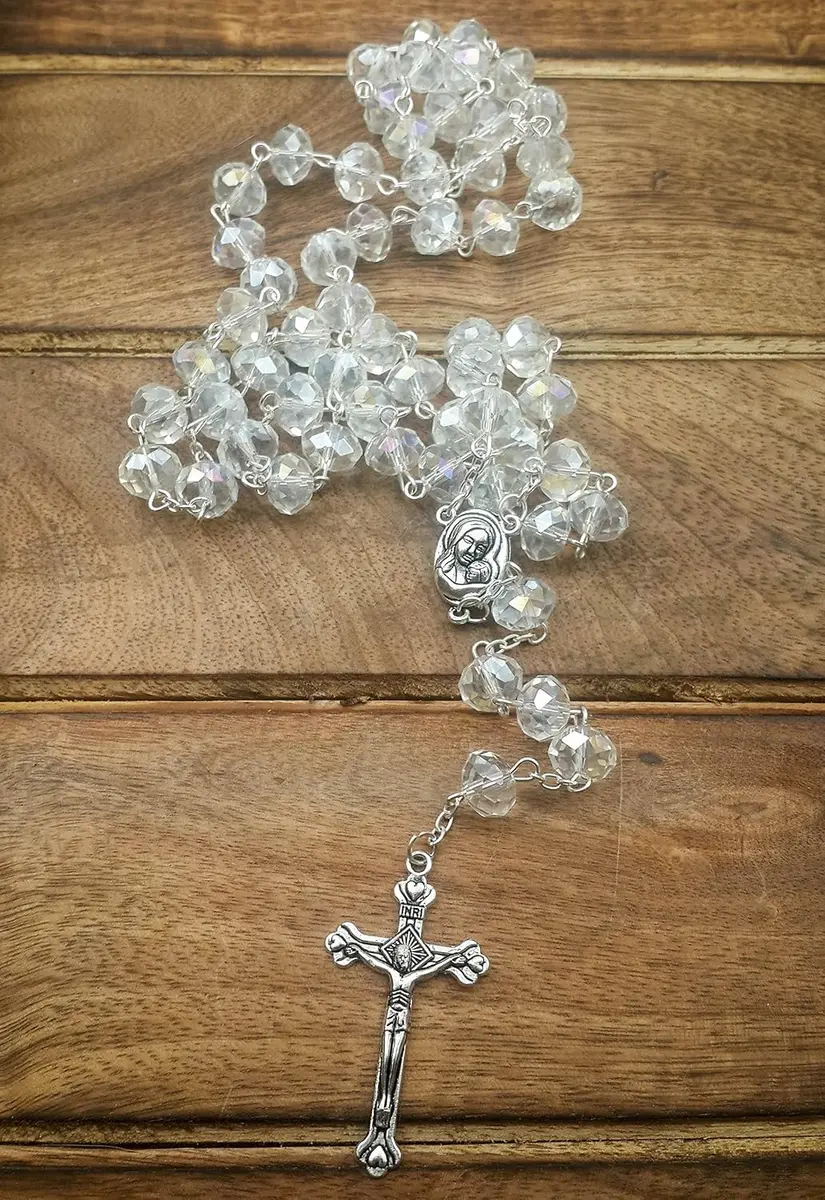 Nazareth Store White Clear Crystal Beads Rosary Necklace 21" | Catholic Devotion - view 7