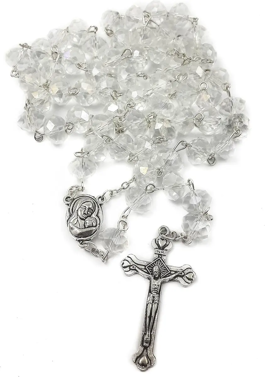 Nazareth Store White Clear Crystal Beads Rosary Necklace 21" | Catholic Devotion - view 8