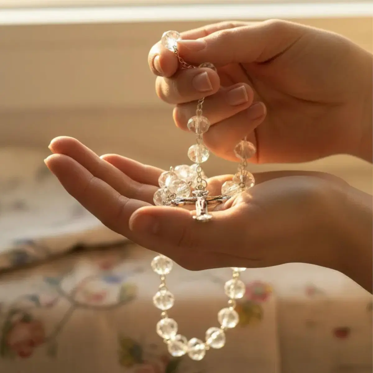 Nazareth Store White Clear Crystal Beads Rosary Necklace 21" | Catholic Devotion - view 2