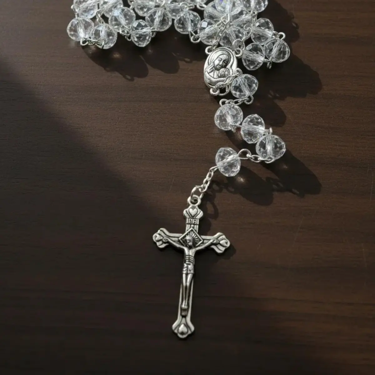 Nazareth Store White Clear Crystal Beads Rosary Necklace 21" | Catholic Devotion - view 3
