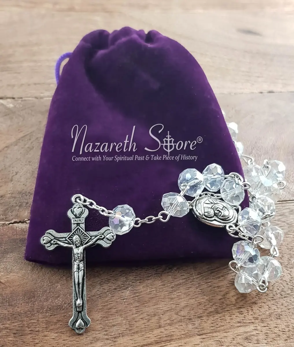 Nazareth Store White Clear Crystal Beads Rosary Necklace 21" | Catholic Devotion - view 4