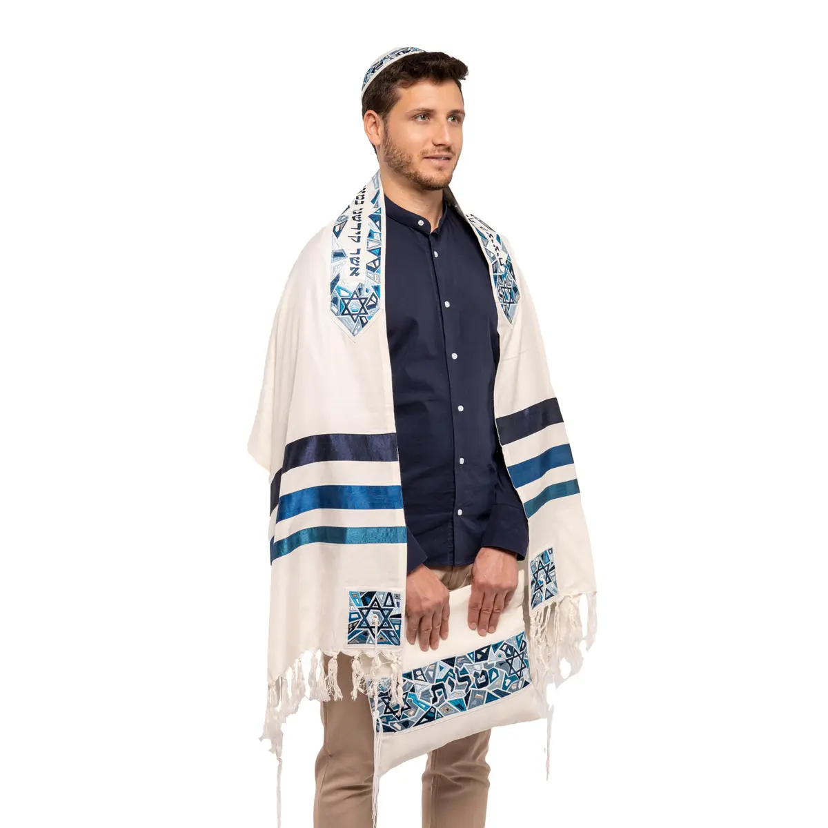 EMANUEL Yair Emanuel Tallit Prayer Shawl Gadol 16" x 70" | Blue Geometric Embroidered Silk & Cotton - main product image