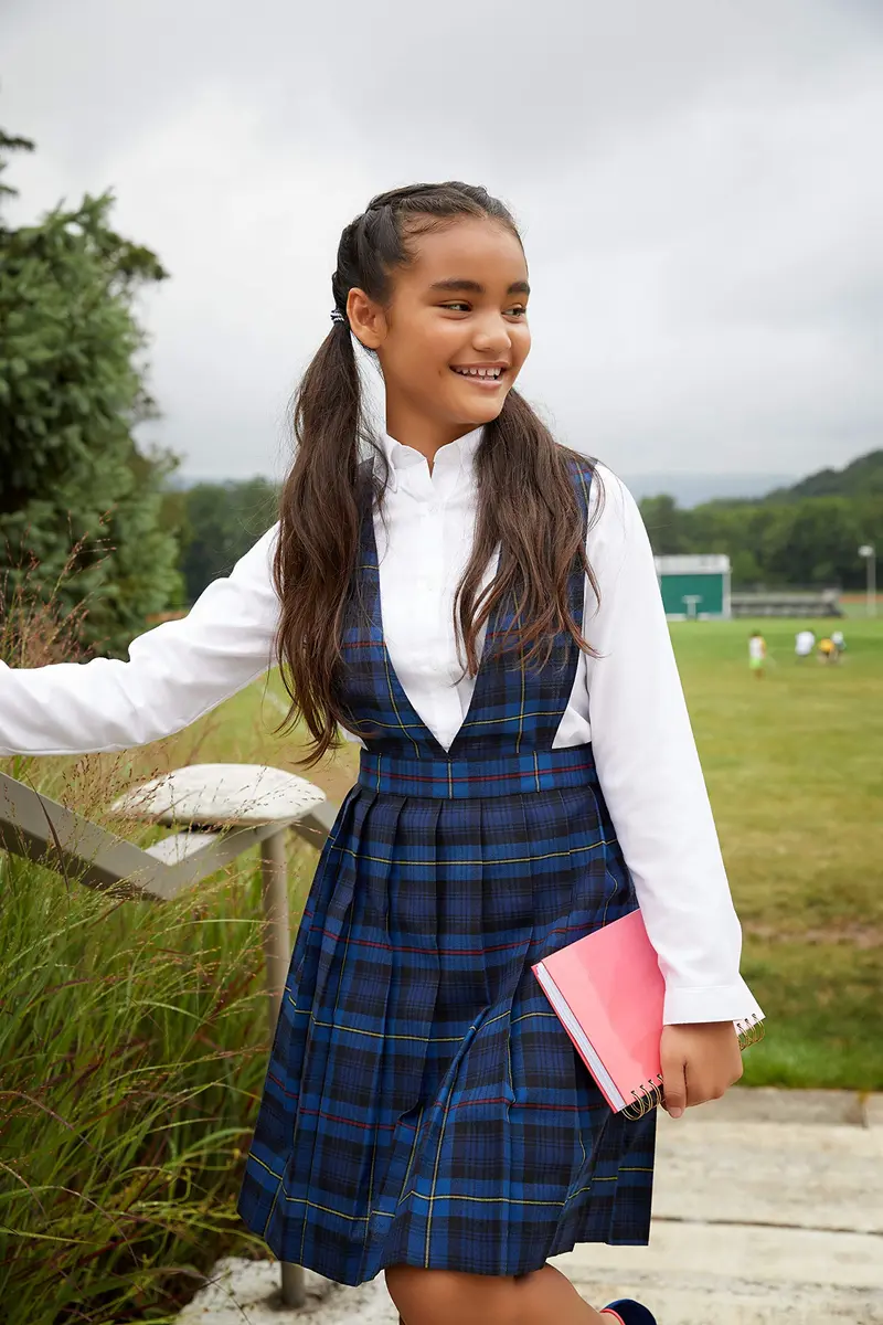 French Toast Girls' Plaid V-Neck Pleated Jumper, Blue & Red Plaid, 6X | Classic School Uniform Layered Over Shirts - view 2