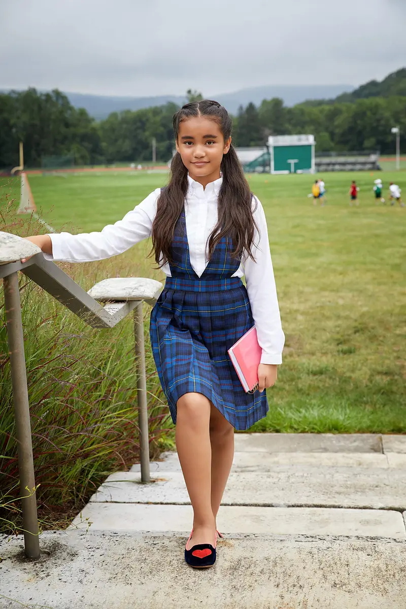 French Toast Girls' Plaid V-Neck Pleated Jumper, Blue & Red Plaid, 6X | Classic School Uniform Layered Over Shirts - view 3