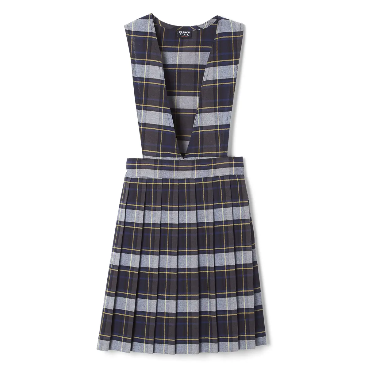 French Toast Girls' Plaid V-Neck Pleated Jumper, Blue & Gold Plaid, 4 | Classic school uniform style for girls - main product image