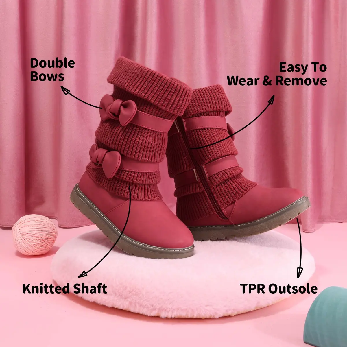 DREAM PAIRS Girls Winter Mid Calf Snow Boots, Red, 1 Little Kid | Faux Fur Lined, Non-Slip Sole - view 5