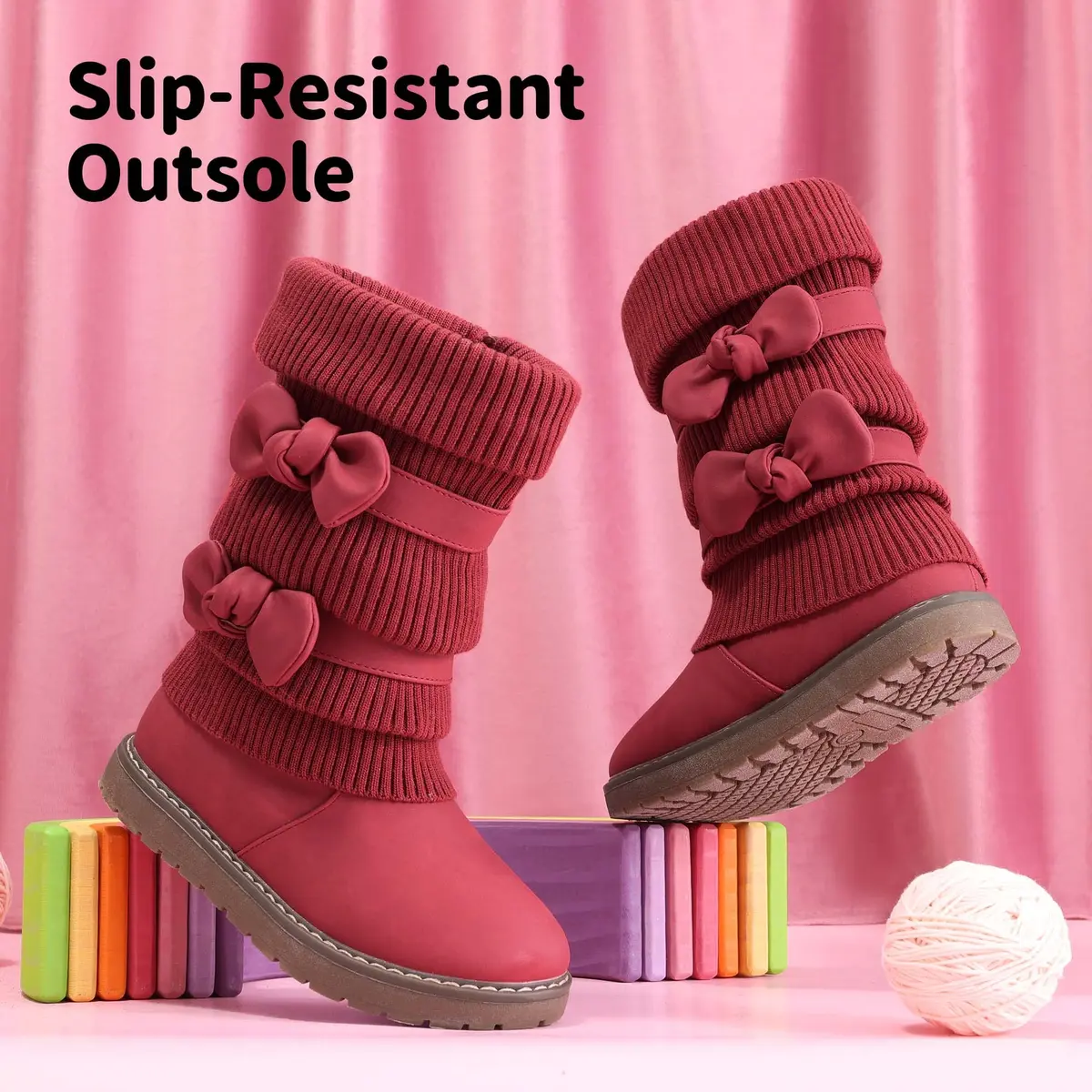 DREAM PAIRS Girls Winter Mid Calf Snow Boots, Red, 1 Little Kid | Faux Fur Lined, Non-Slip Sole - view 3