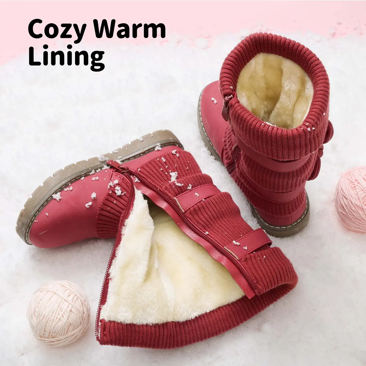 DREAM PAIRS Girls Winter Mid Calf Snow Boots, Red, 1 Little Kid | Faux Fur Lined, Non-Slip Sole - view 4