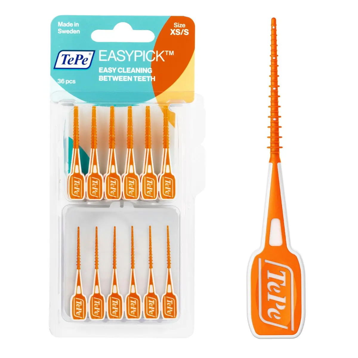 TePe EasyPicks XS/S Orange Floss Picks 36 Count | Silicone Coated Interdental Brushes for Tight Spaces - main product image
