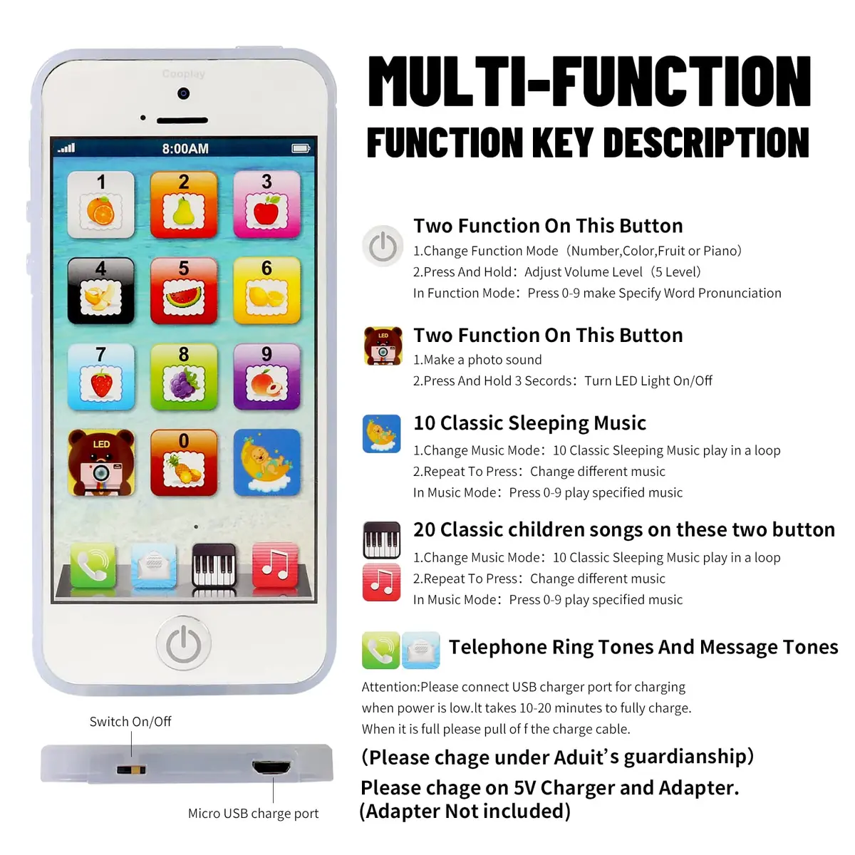Cooplay White Smart Phone Toy Music Lullaby YPhone Touch Screen 12.5cm x 5.8cm | Educational music & language learning - view 2