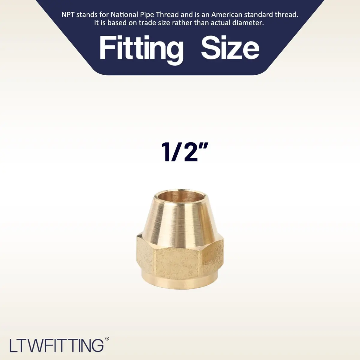 LTWFITTING Brass 1/2" OD Short SAE 45 Deg Flare Nut | Brass Flare Tube Fitting for Air, Water, Fuel, Oil - view 2