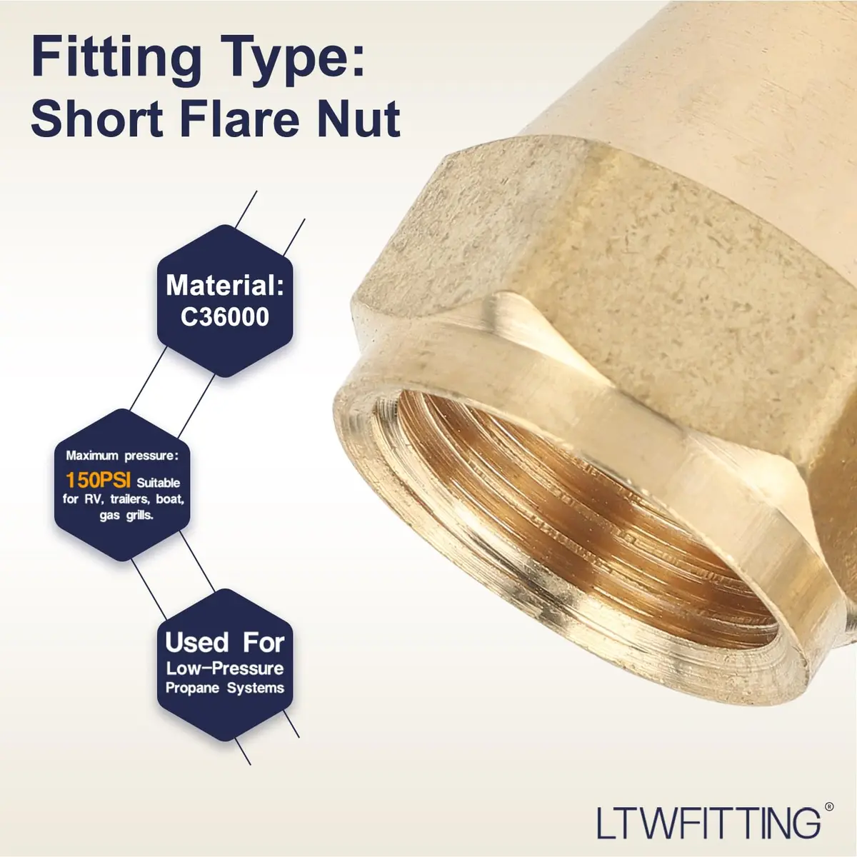 LTWFITTING Brass 1/2" OD Short SAE 45 Deg Flare Nut | Brass Flare Tube Fitting for Air, Water, Fuel, Oil - view 3