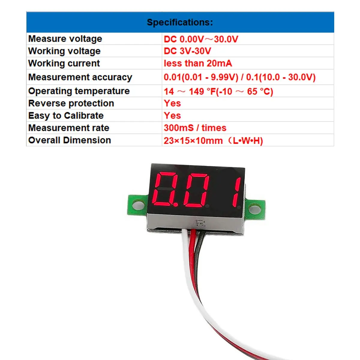 bayite Digital Volt Meter 0-30V | Calibratable, Bright Red LED Display, Reverse Polarity Protection - view 4