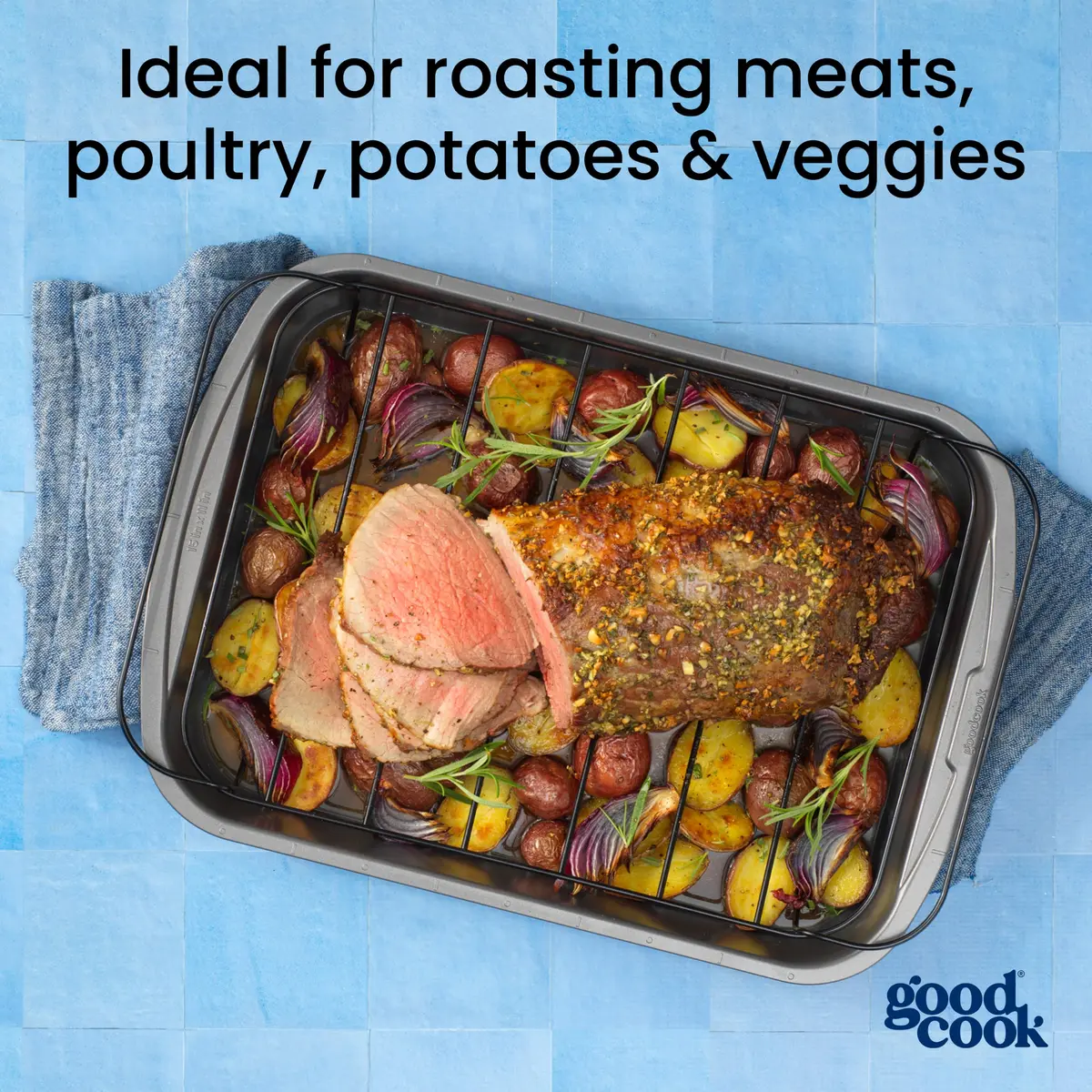GoodCook Roast Pan with Rack 15 x 11-Inch | Nonstick Heavy-Gauge Aluminum, Gray - view 3