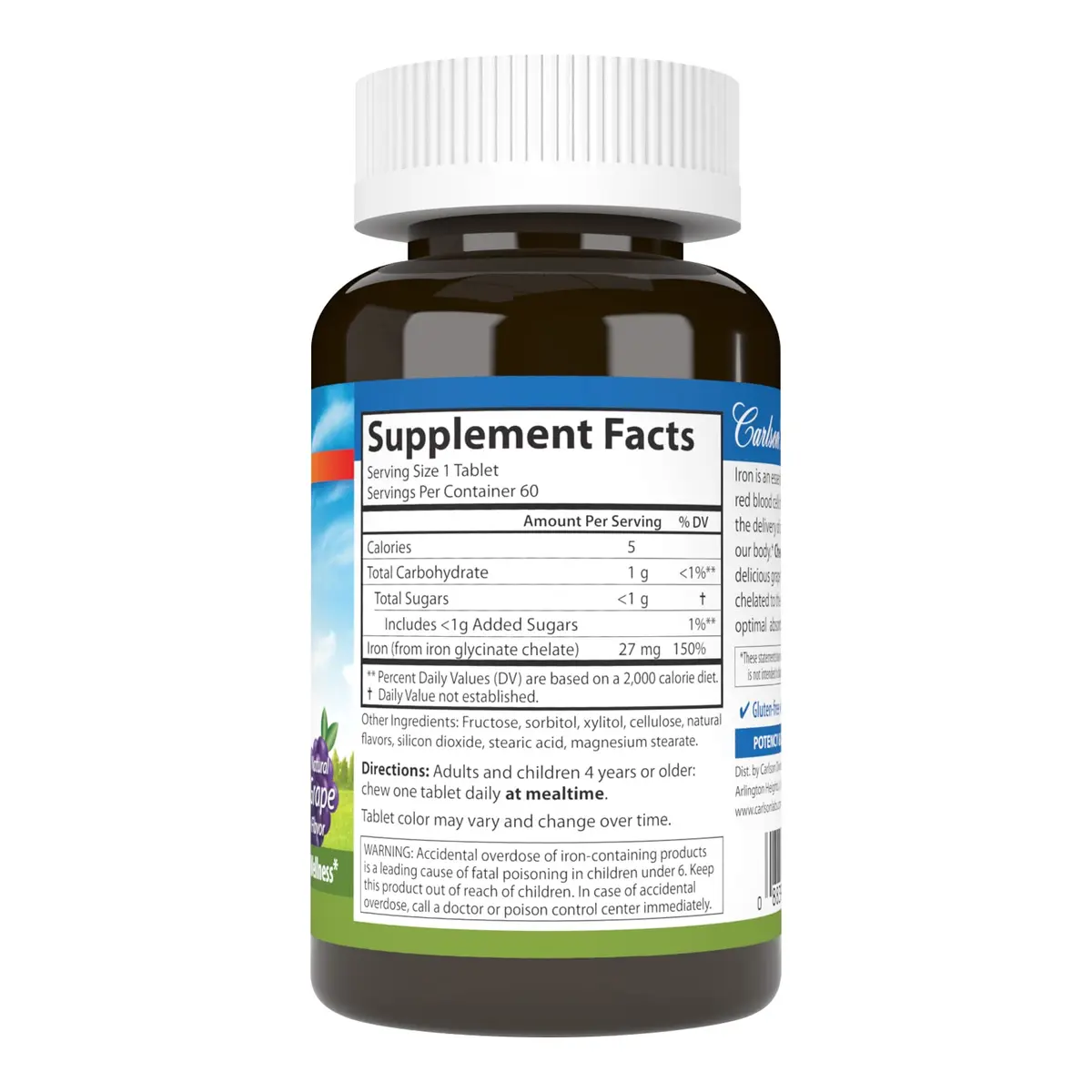 Carlson Chewable Iron, 27 mg | Superior Absorption, 60 Chewable Tablets for Healthy Blood - view 2
