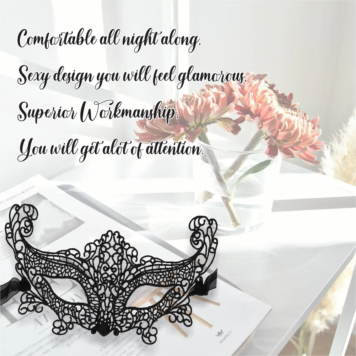Luxury Mask Black Costume Mask for Women - Swan Lace Masquerade Masks | Elegant Lace Design, Adjustable Fit, Reusable, Breathable (70-120 chars) - view 6
