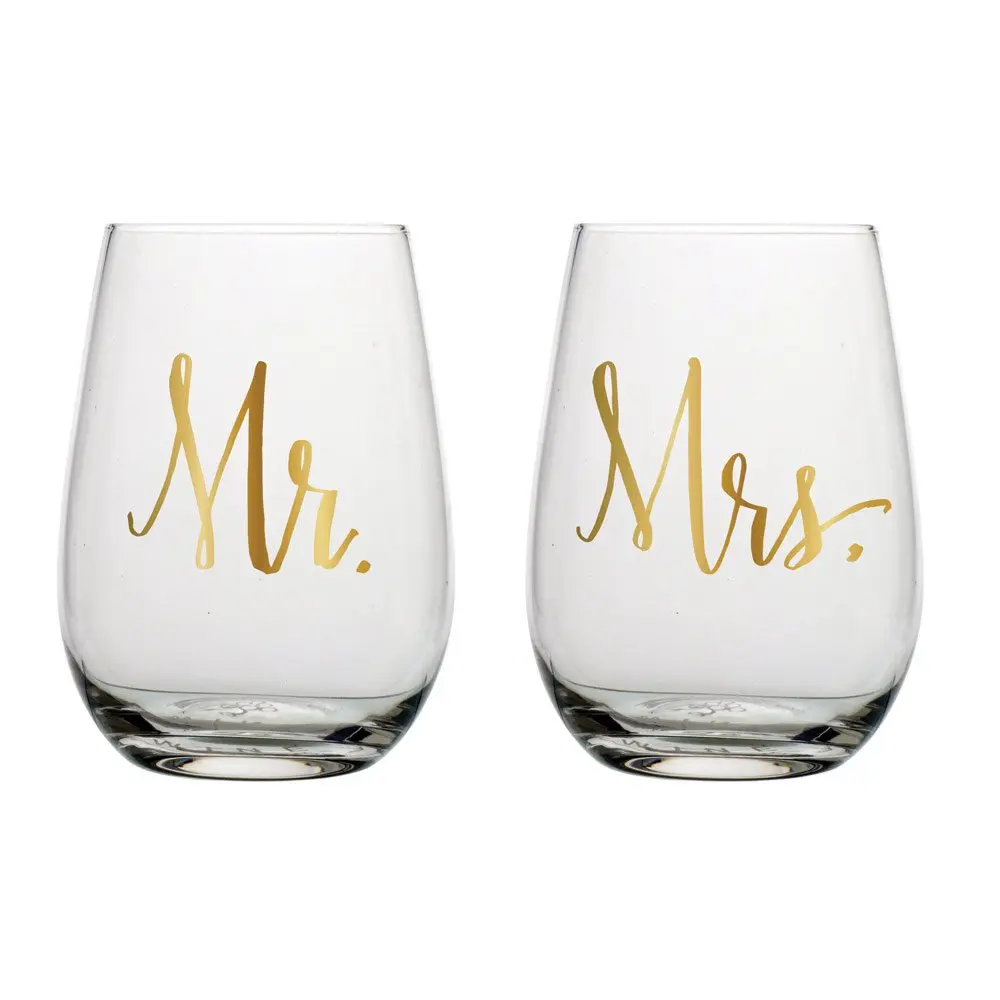 Slant Mr & Mrs Stemless Wine Glasses 20oz | Gold Lettering Set of 2 - main product image