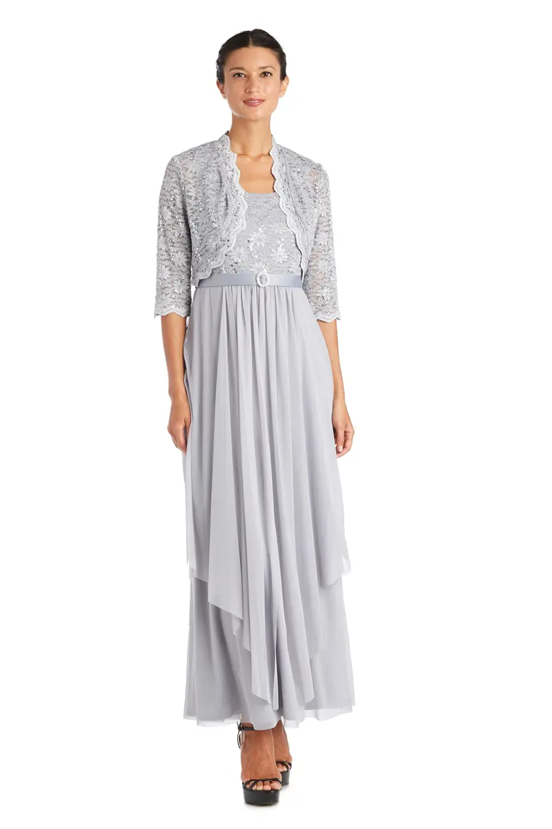 R&M Richards Womens 2 Pce Lace Georgette Jacket Dress, Silver, 8 US | Elegant Evening Wear with Sheer Cape - main product image