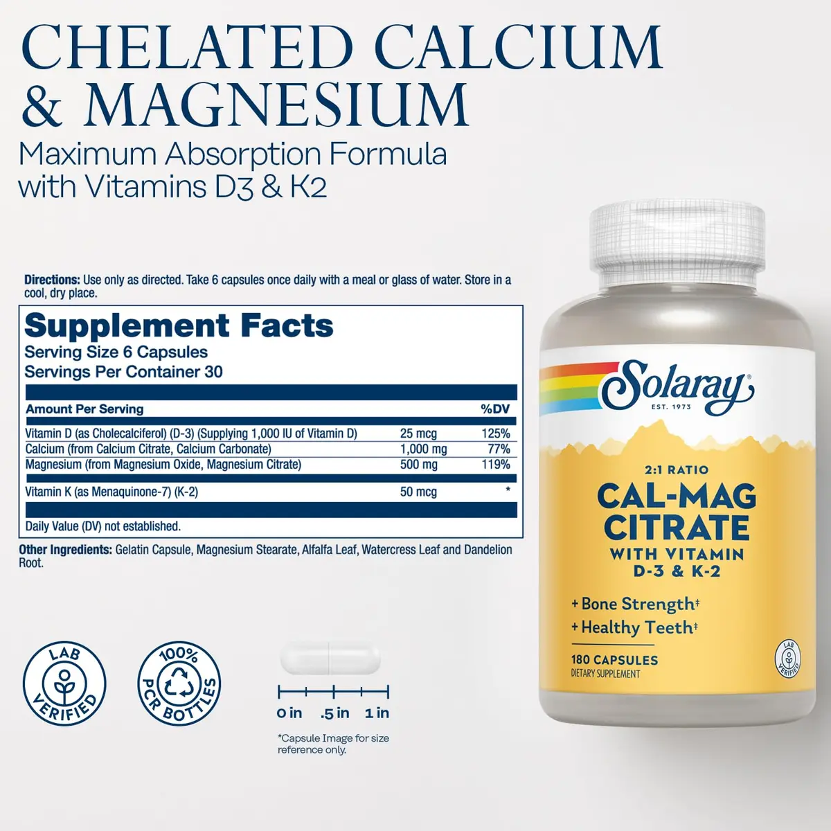 SOLARAY Calcium Magnesium Citrate 2:1 with Vitamin D3 K2 | Bone & Heart Support in 180 Capsules - view 2
