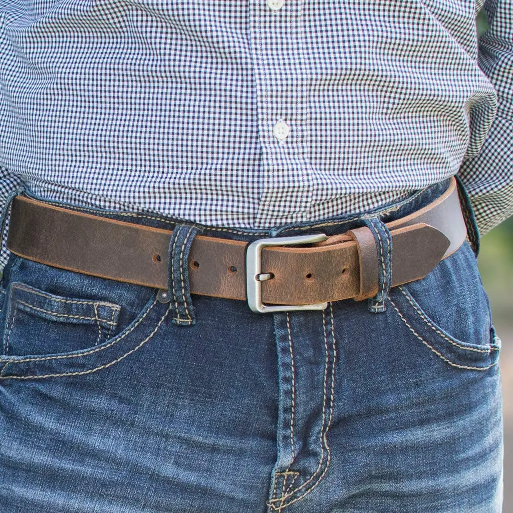 Nickel Smart Roan Mountain Brown Leather Belt - Distressed 42" | Nickel Free Full Grain Leather - view 3