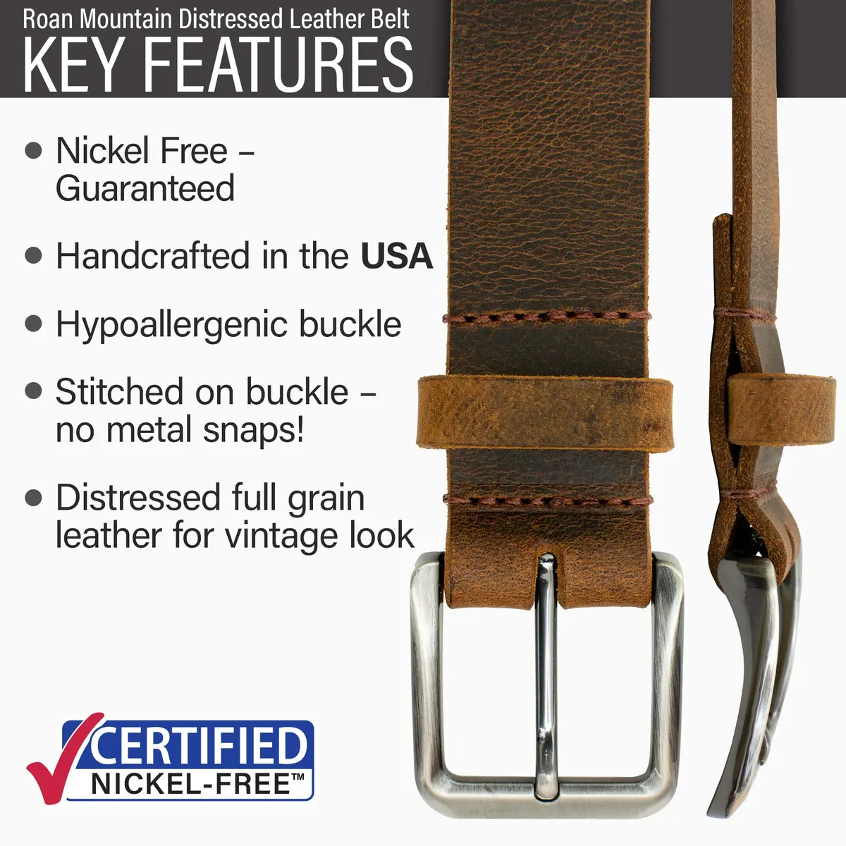 Nickel Smart Roan Mountain Brown Leather Belt - Distressed 42" | Nickel Free Full Grain Leather - view 4