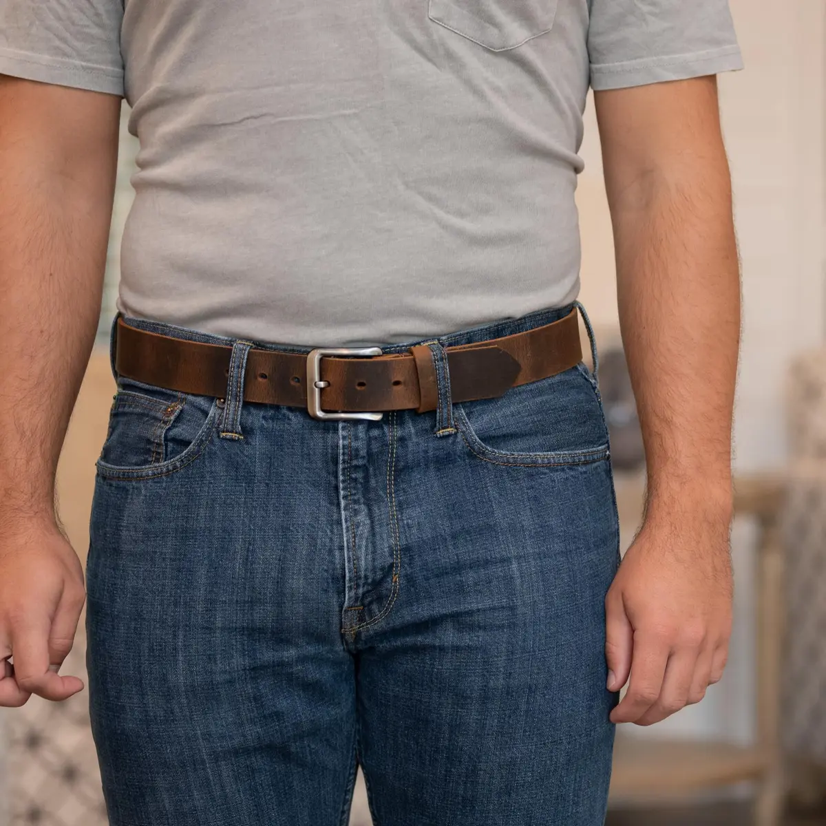 Nickel Smart Roan Mountain Brown Leather Belt - Distressed 44" | Nickel Free Full Grain Leather - view 2