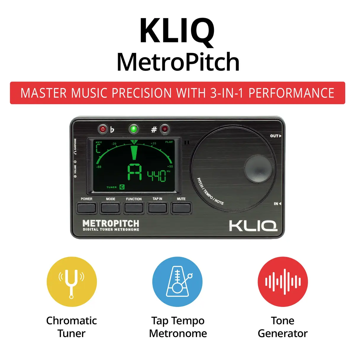 KLIQ MetroPitch Digital Metronome & Tuner for Piano, Guitar & Bass | 3-in-1 Compact Practice Tool with Accurate Tuning & Rhythm - view 2