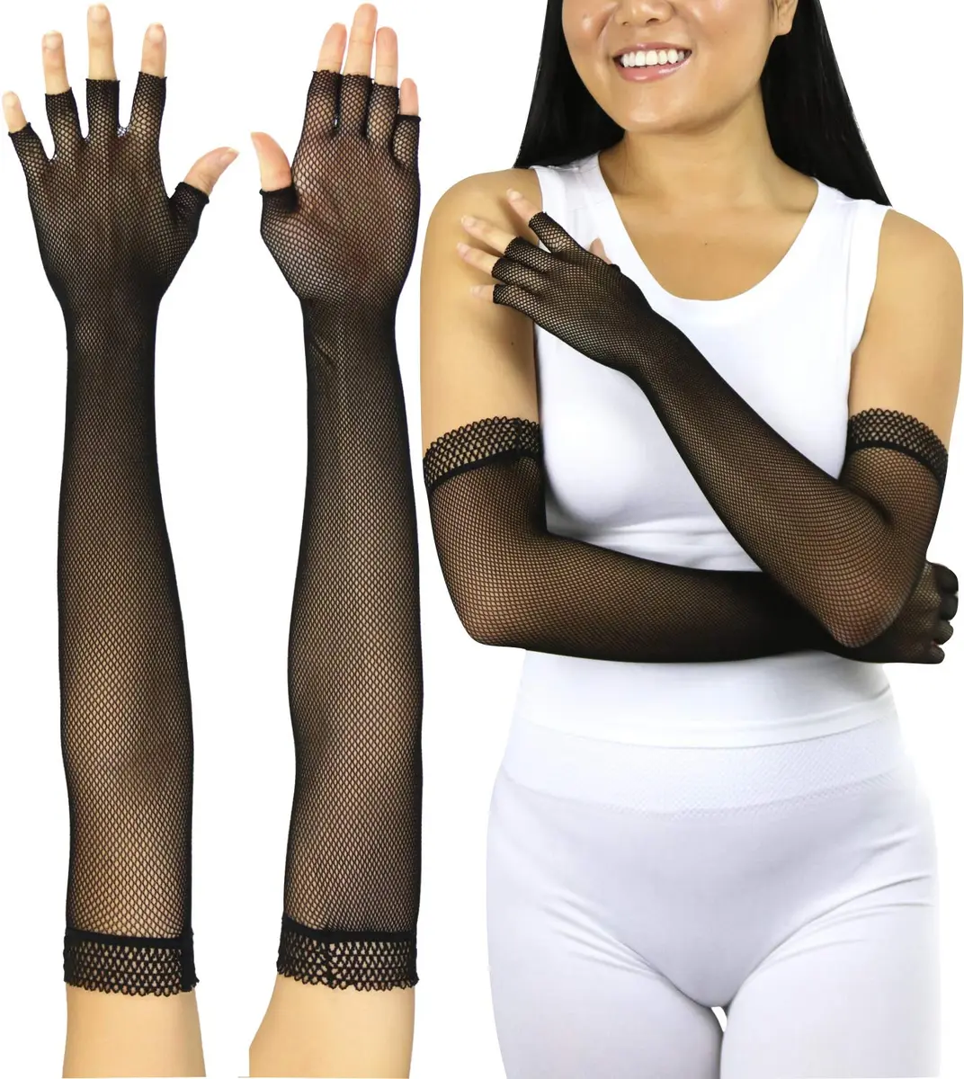 ToBeInStyle Women’s Fishnet Lace Trim Full Arm Length Arm Warmers - OS - Black | Edgy Fashion Accessory for Festivals & Parties - main product image