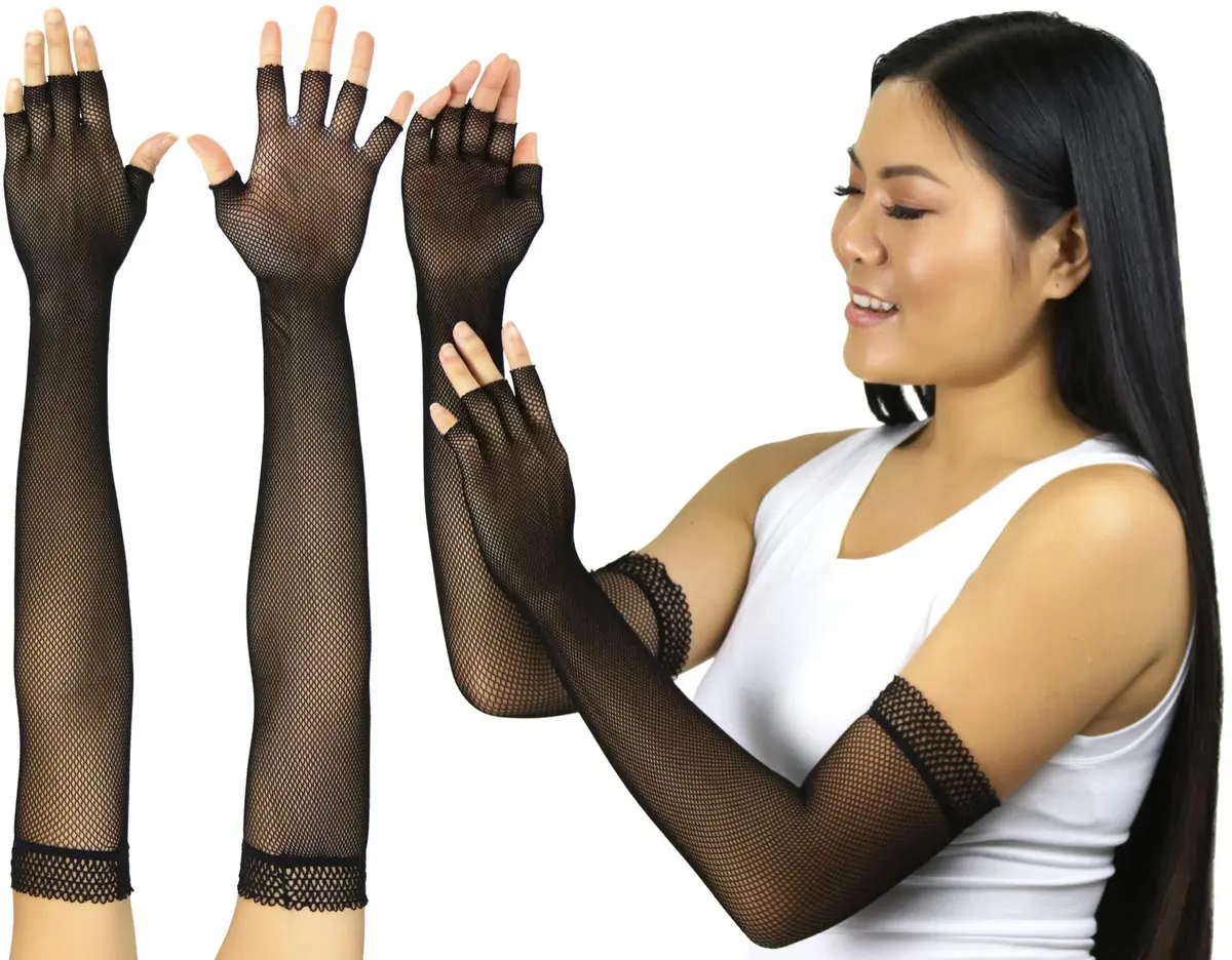 ToBeInStyle Women’s Fishnet Lace Trim Full Arm Length Arm Warmers - OS - Black | Edgy Fashion Accessory for Festivals & Parties - view 2