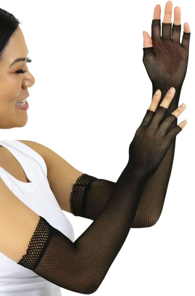 ToBeInStyle Women’s Fishnet Lace Trim Full Arm Length Arm Warmers - OS - Black | Edgy Fashion Accessory for Festivals & Parties - view 3