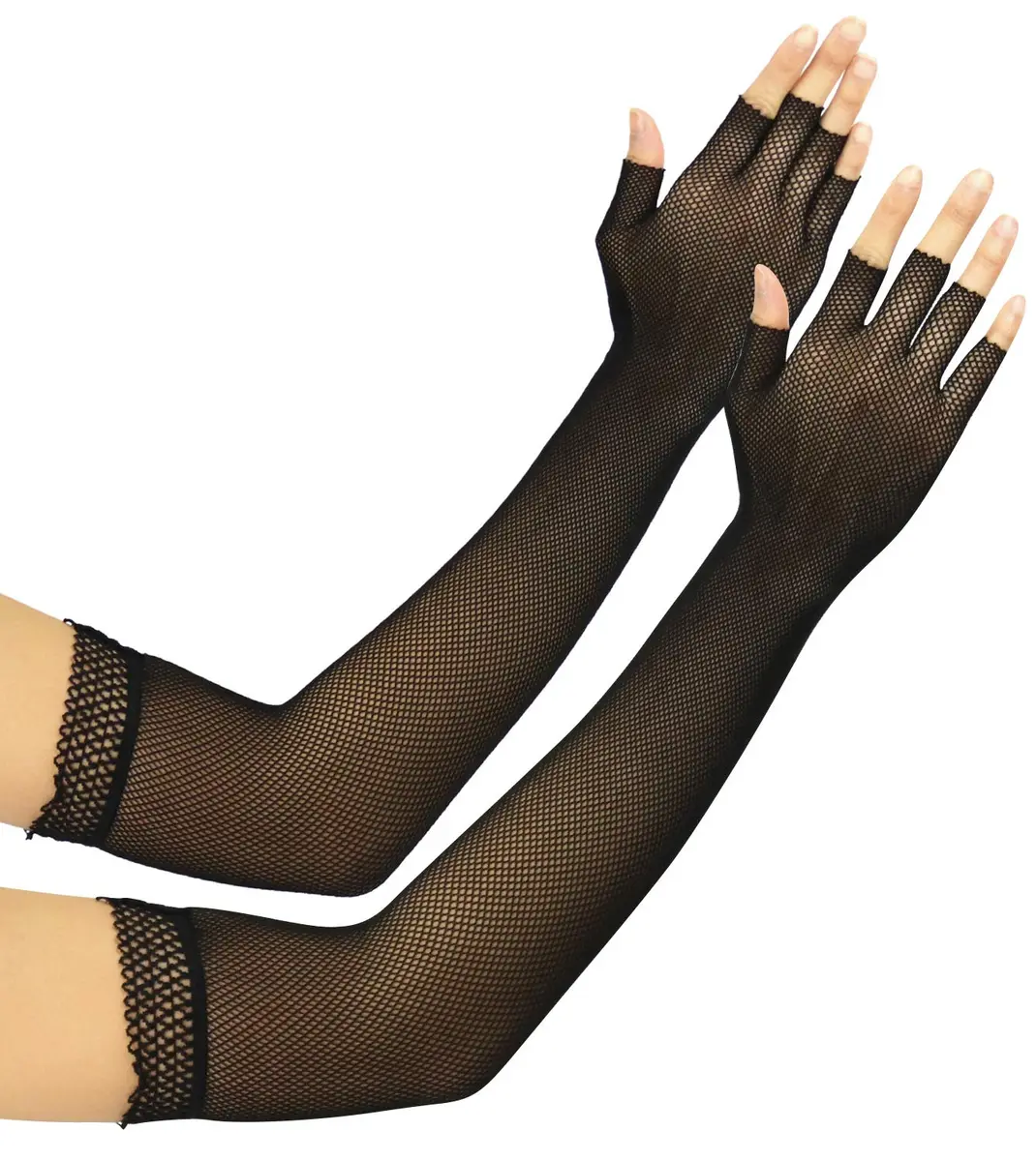 ToBeInStyle Women’s Fishnet Lace Trim Full Arm Length Arm Warmers - OS - Black | Edgy Fashion Accessory for Festivals & Parties - view 4