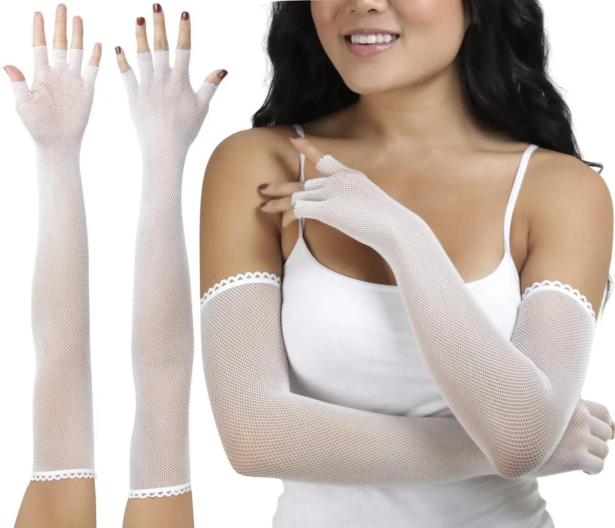ToBeInStyle Women's Fishnet Arm Length Glove Warmers - White | Nylon Fishnet for Fashion & Festivals - main product image