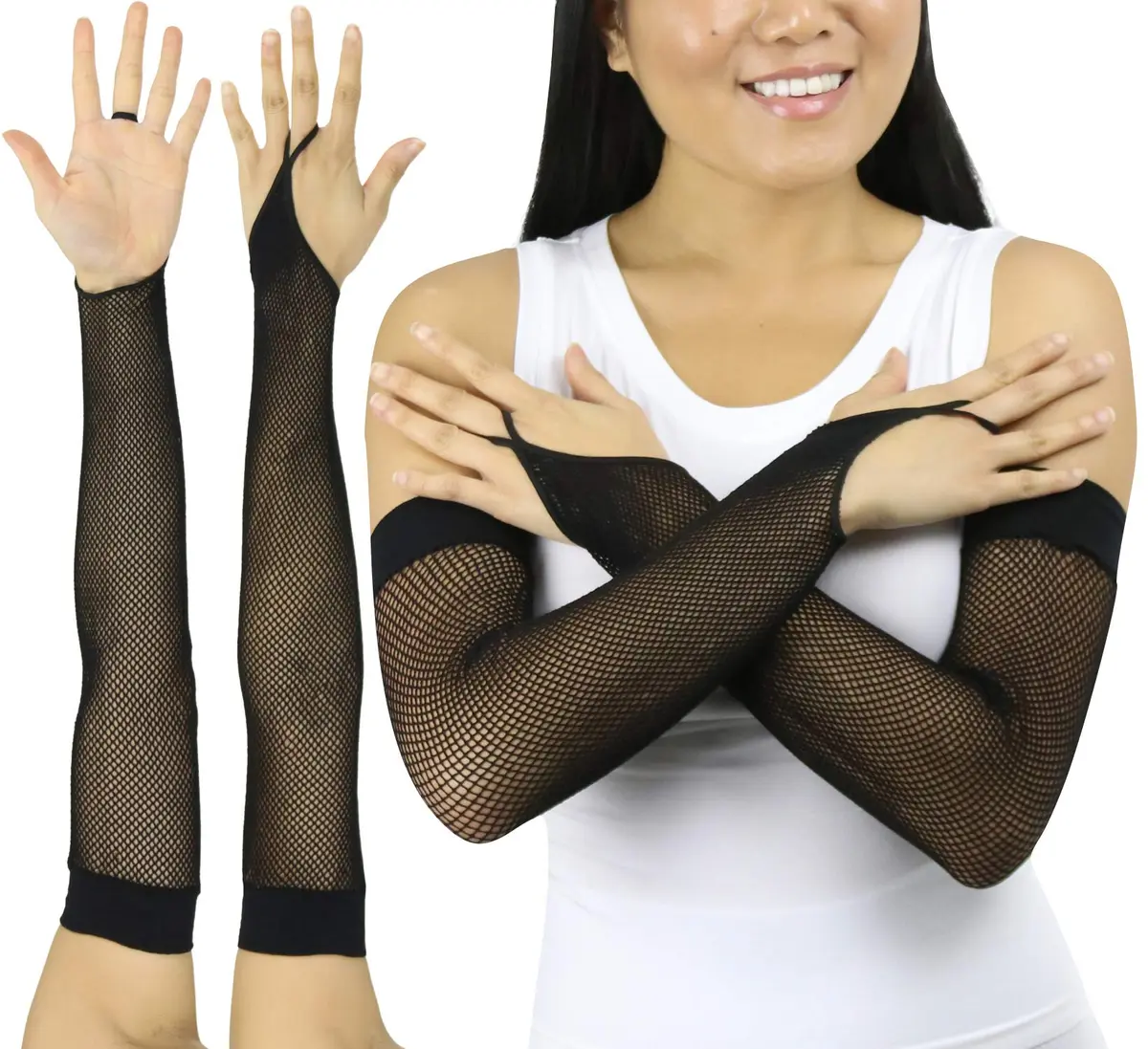 ToBeInStyle Women’s Fashion Fishnet Finger Loop Long Length Novelty Gloves - Black | Edgy Fishnet Style for Costumes & Outfits - main product image