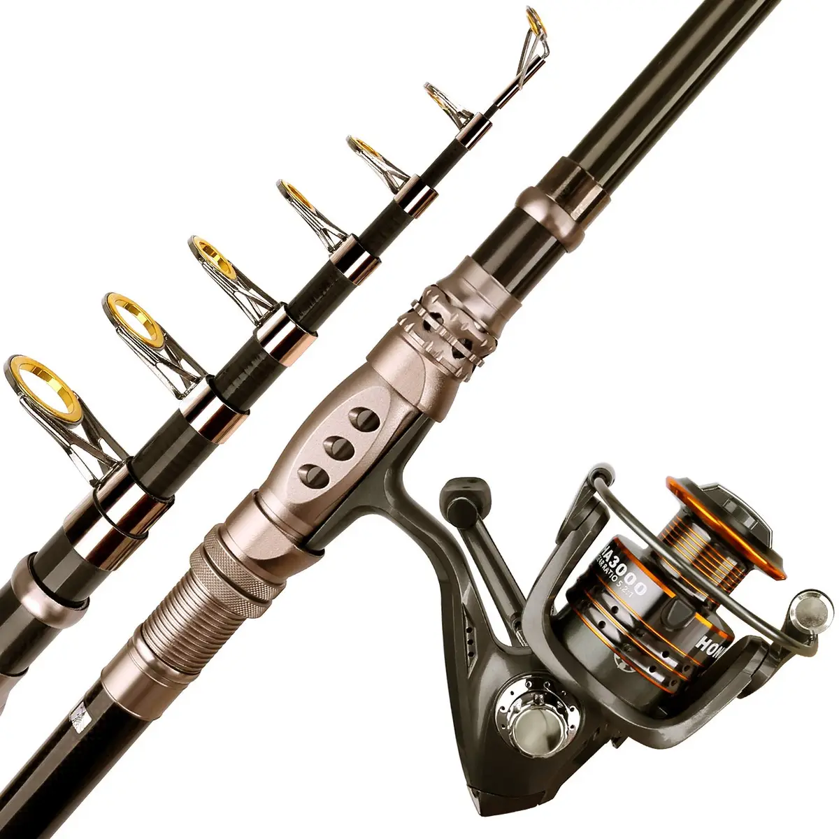 PLUSINNO Gold Carbon Fiber Telescopic Fishing Rod and Reel Combo 2.1m (6.89ft) | Medium Power Spinning & Casting Kit - view 7