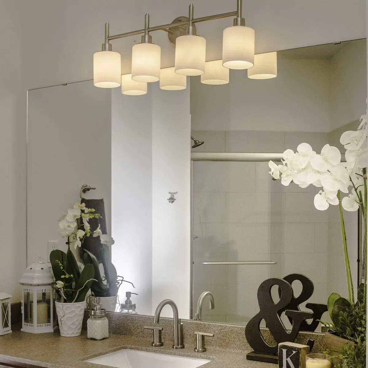 Design House Aubrey 4-Light Vanity Light Satin Nickel Finish Frosted Glass Shades Dimmable Bathroom Wall Fixture - view 4