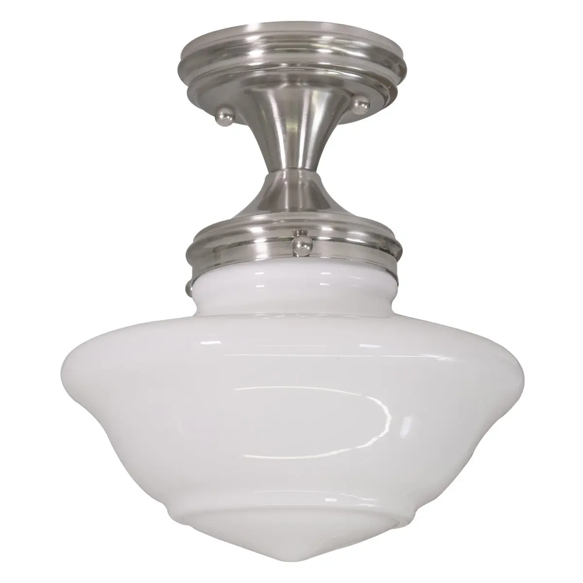 Design House Vintage-Inspired Schoolhouse Semi-Flush Mount Ceiling Light, 9 in x 9 in x 10 in, Satin Nickel, White Glass Shade, 577494 | Classic ceiling fixture for home - main product image