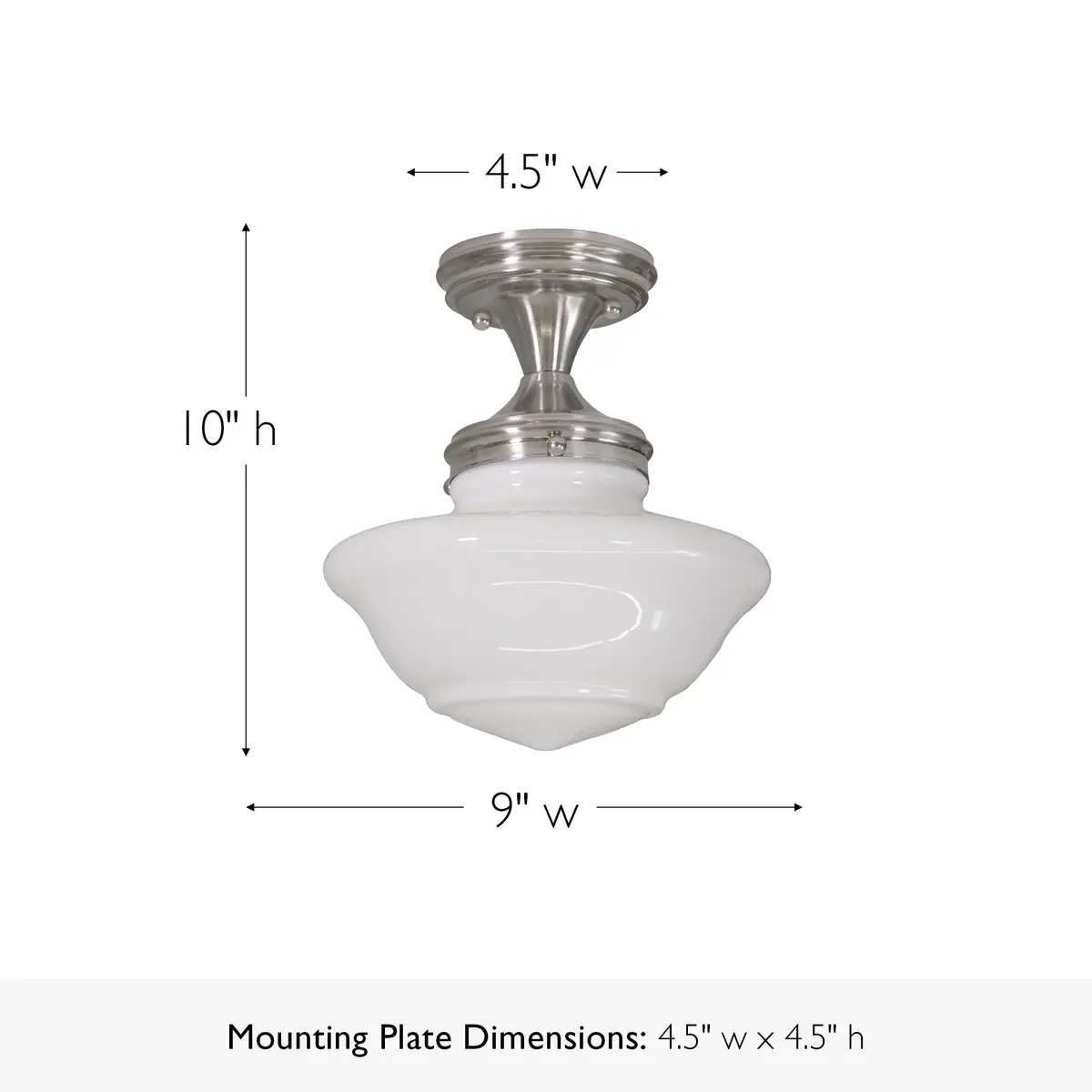 Design House Vintage-Inspired Schoolhouse Semi-Flush Mount Ceiling Light, 9 in x 9 in x 10 in, Satin Nickel, White Glass Shade, 577494 | Classic ceiling fixture for home - view 2