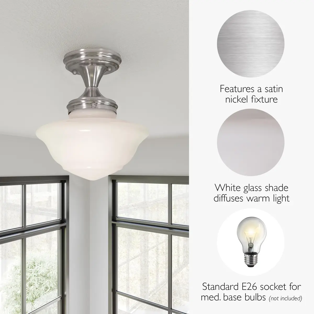 Design House Vintage-Inspired Schoolhouse Semi-Flush Mount Ceiling Light, 9 in x 9 in x 10 in, Satin Nickel, White Glass Shade, 577494 | Classic ceiling fixture for home - view 3
