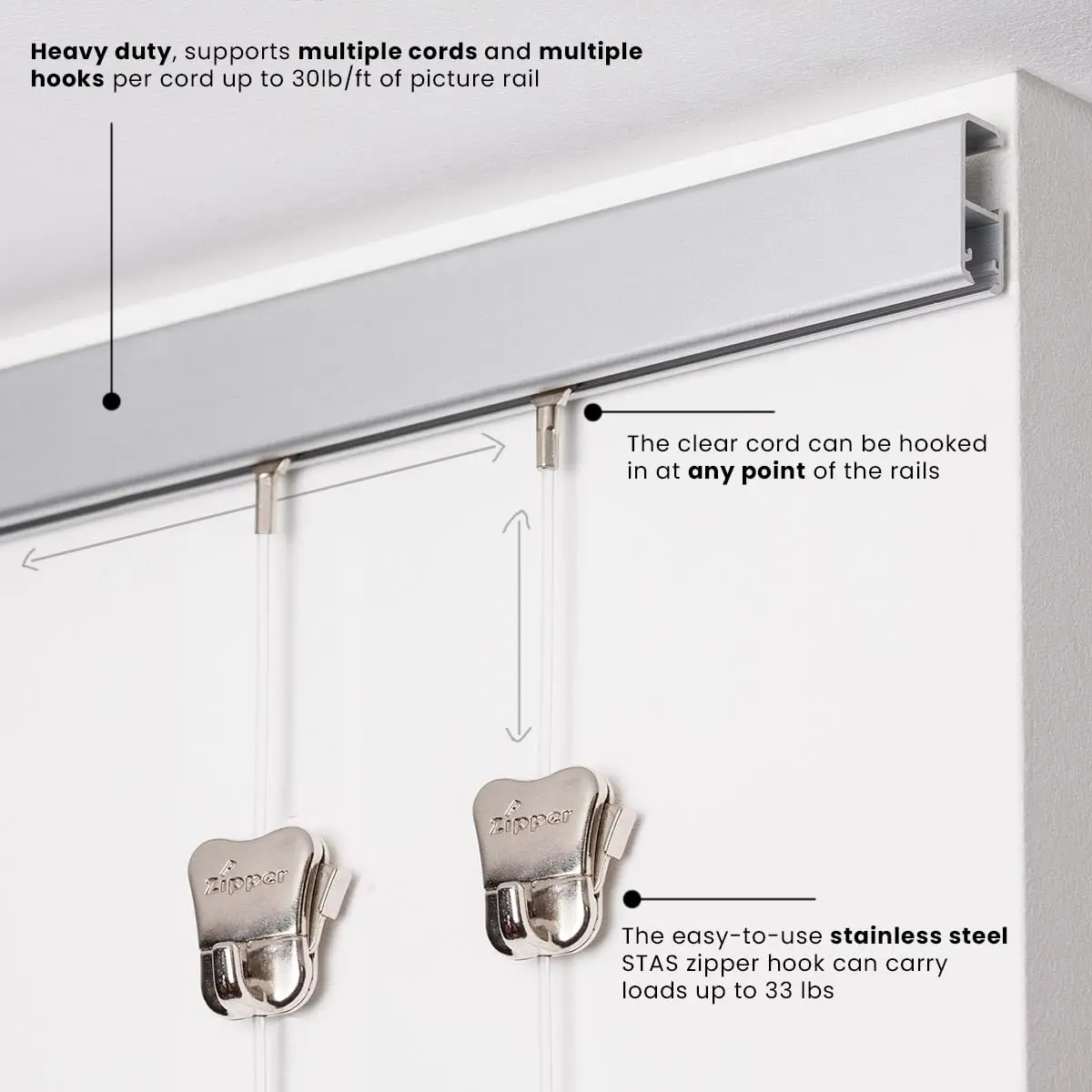 STAS Cliprail Pro Picture Hanging System 150 cm (4.92 ft) | Heavy Duty Track with 2x Zipper Hooks & Cords - view 2