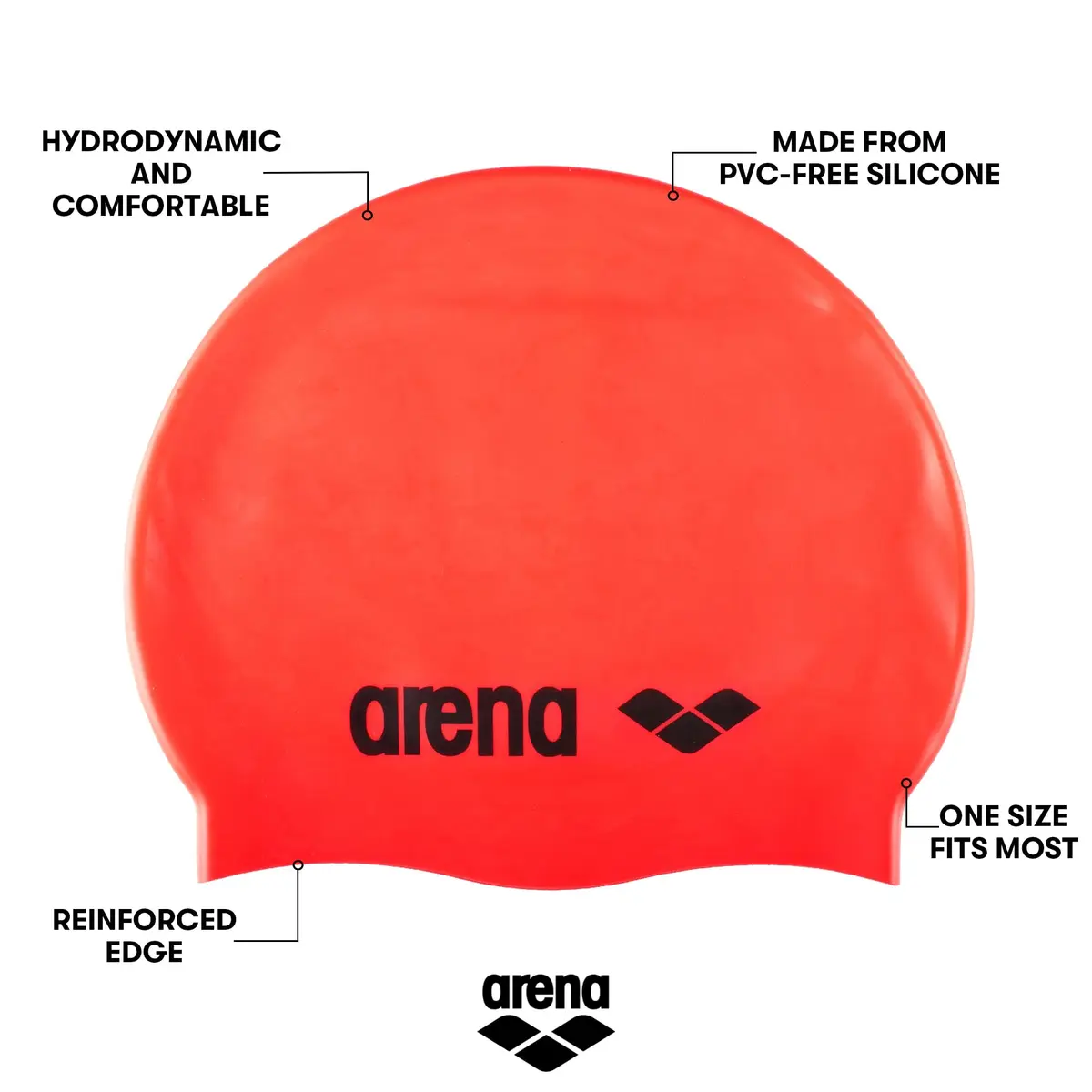 Arena Classic Unisex Soft Silicone Swim Cap for Women and Men, Intensive Training and Racing Comfortable Non-Slip Long Hair Swimming Hat, Fluorescent Red - view 2