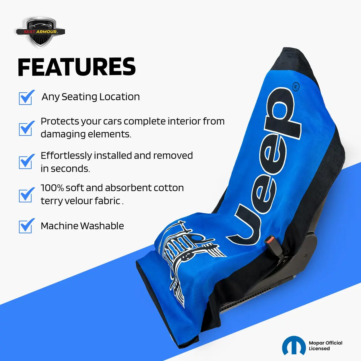 Seat Armour Jeep Seat Towel - Universal Fit Soft Machine Washable Jeep Towel - Easy Install, Multipurpose Towel2Go Seat Cover for Jeep - Blue | Airbag-Safe, Durable - view 3