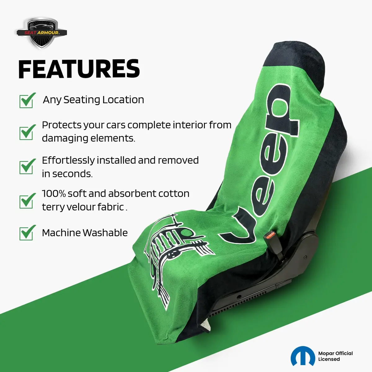 Seat Armour Jeep Seat Towel - Universal Fit Soft Machine Washable Jeep Towel - Easy Install, Multipurpose Towel2Go Seat Cover for Jeep - Green - view 3