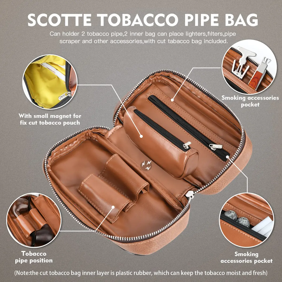 Scotte PU Leather Tobacco Pouch for 2 Pipes | Fashionable & Durable (195*105*55mm) - view 4