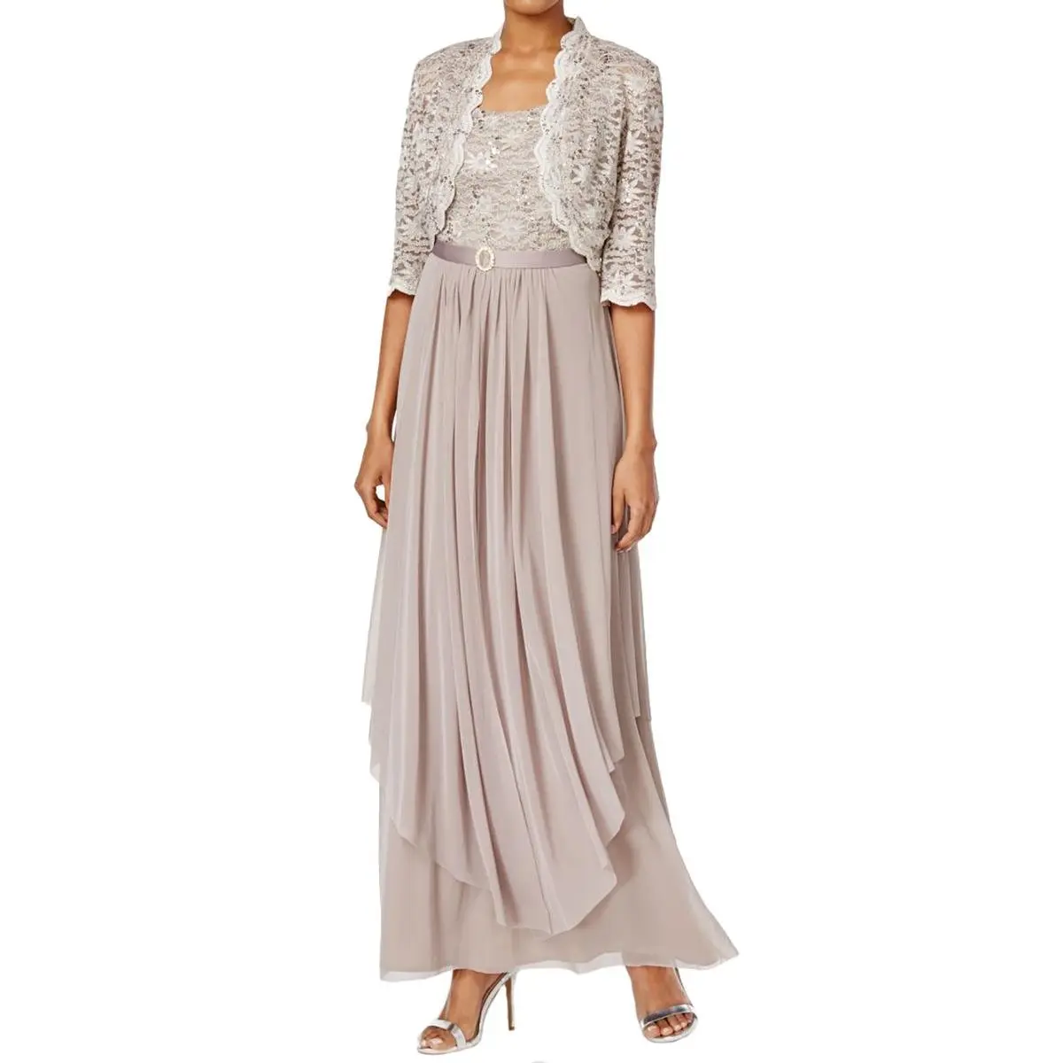 R&M Richards Women's Floral Lace Cropped Bolero & Pleated Chiffon Dress Set for Mother of the Bride, Wedding Guest, Cocktail | Elegant Evening Attire - view 3