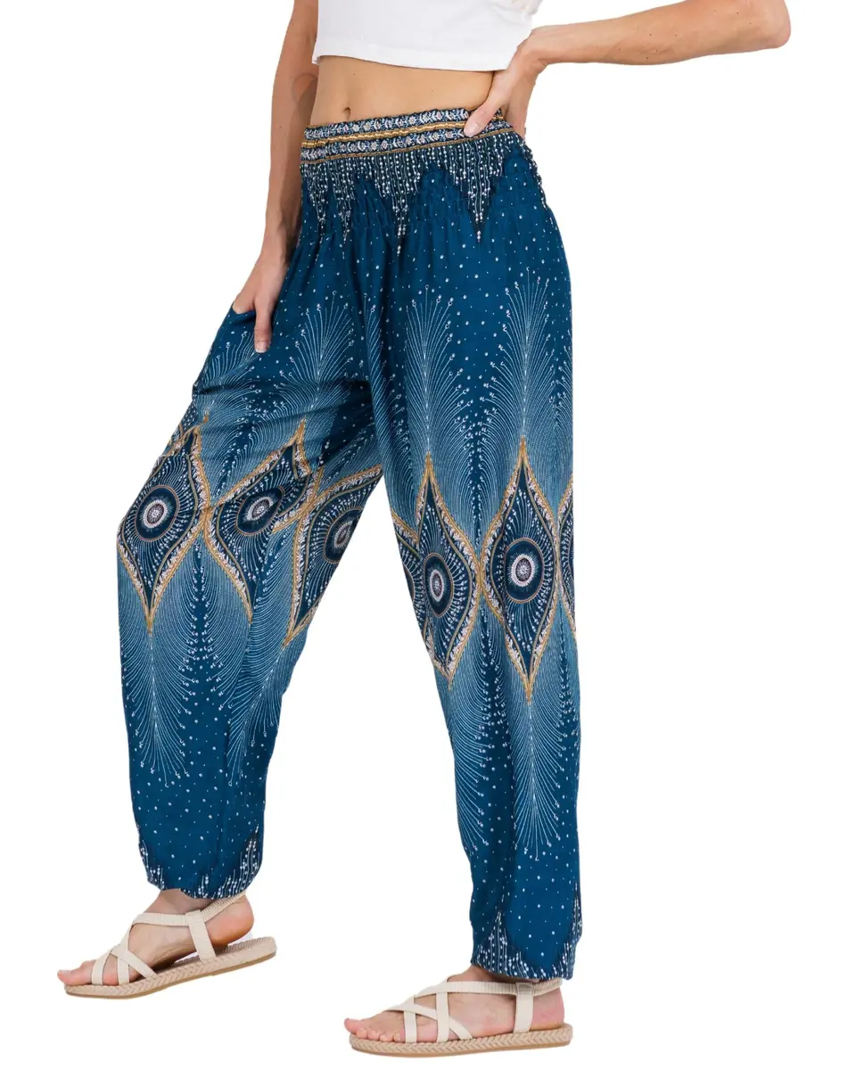 LOFBAZ Boho Long Leg Pants Floral Teal Green | Flowy, Comfortable Rayon Women’s Palazzo (105.4 cm/41.5 in) - main product image