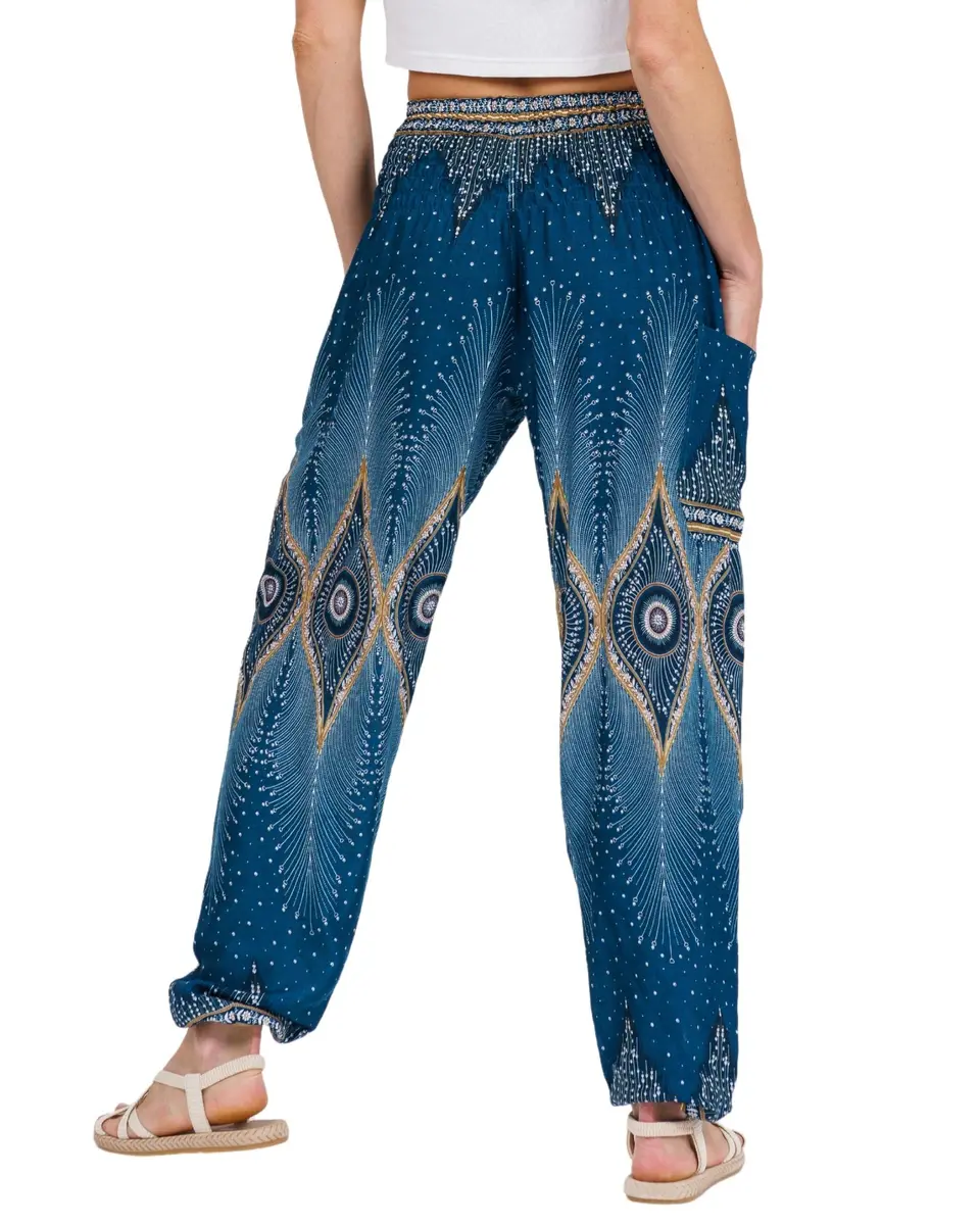LOFBAZ Boho Long Leg Pants Floral Teal Green | Flowy, Comfortable Rayon Women’s Palazzo (105.4 cm/41.5 in) - view 2