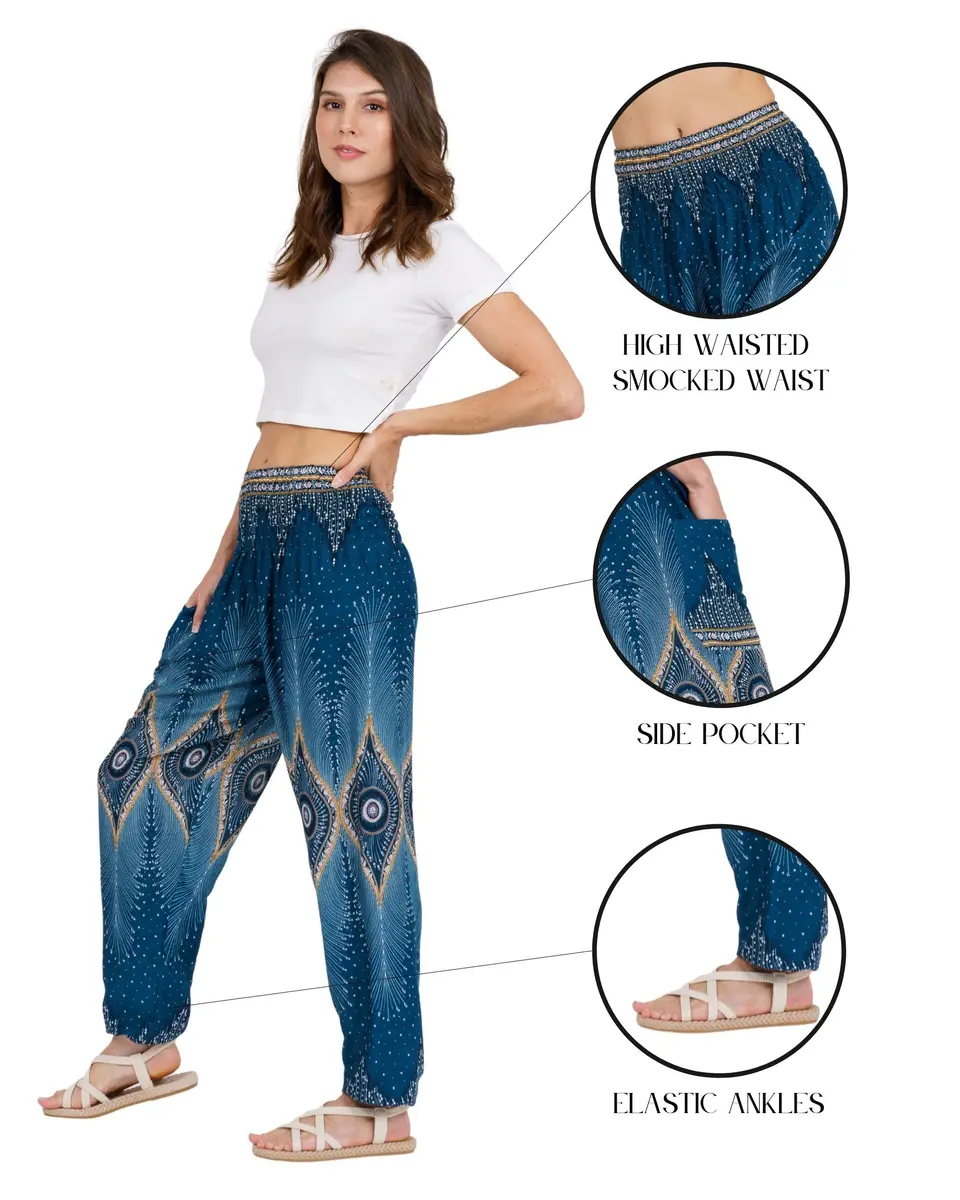 LOFBAZ Boho Long Leg Pants Floral Teal Green | Flowy, Comfortable Rayon Women’s Palazzo (105.4 cm/41.5 in) - view 3
