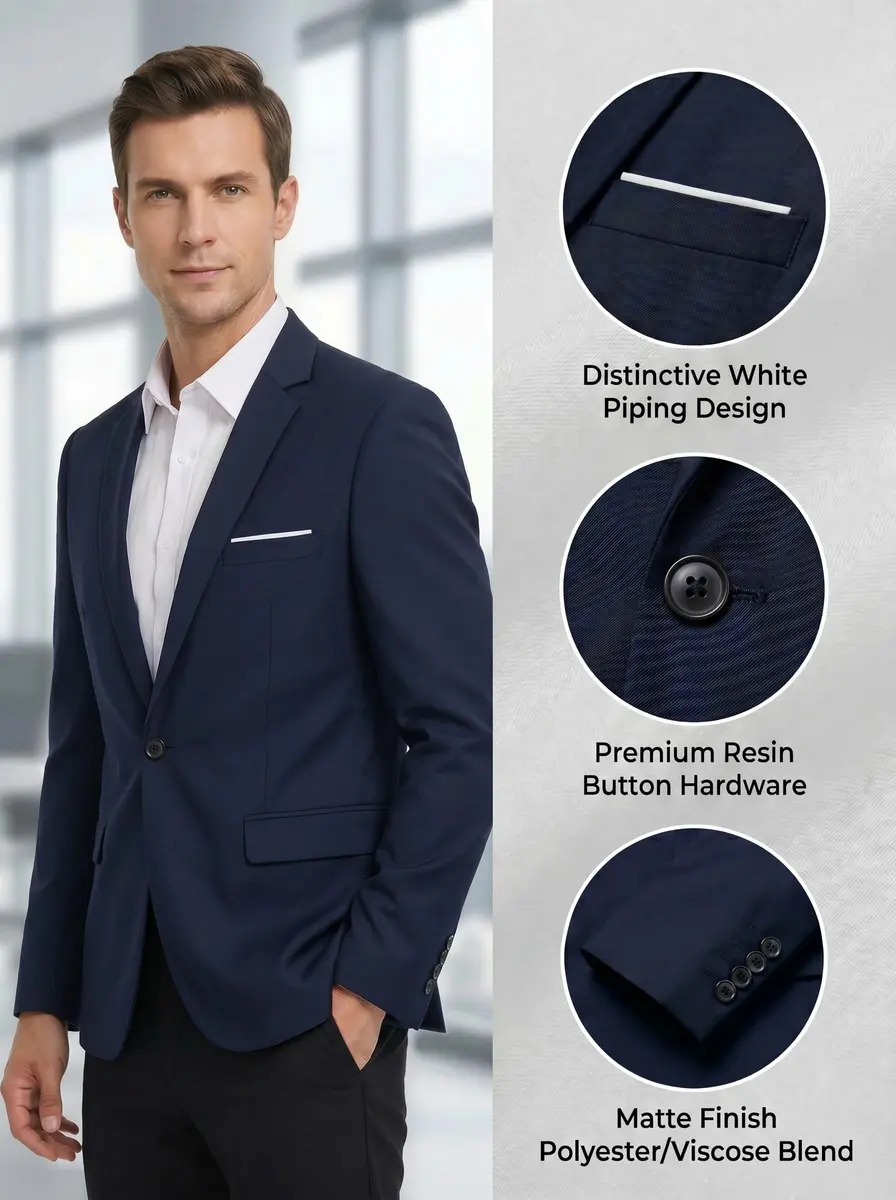 Beninos Slim Fit Casual Blazer Jacket Navy S | Classic Notched Lapel, One Button, Polyester Blend - view 6