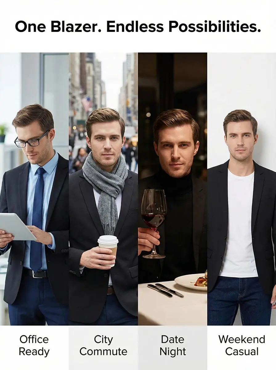 Beninos Slim Fit Casual Blazer Jacket Notch Collar | Black, S | Classic & Modern Style - view 5