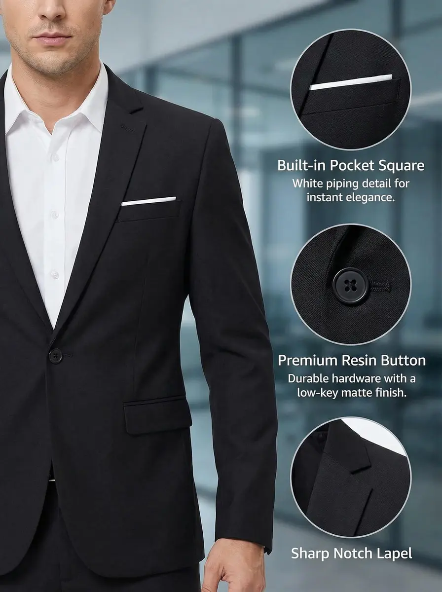 Beninos Slim Fit Casual Blazer Jacket Notch Collar | Black, S | Classic & Modern Style - view 6